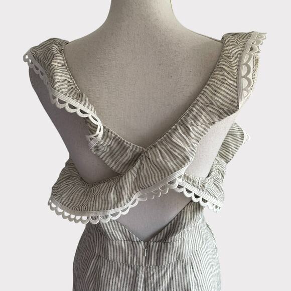 Stevie May Elm Pantsuit 100% Linen Wide Leg Jumpsuit Pin Stripe Eyelet Trim L - Picture 7 of 11